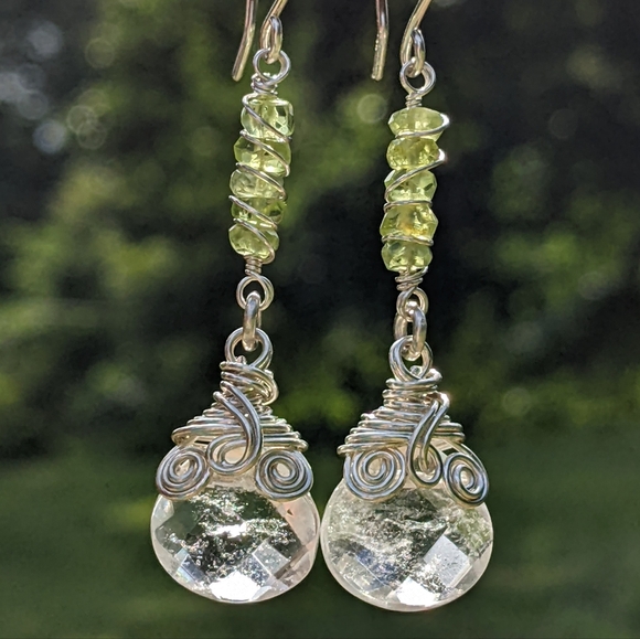 Artisan Jewelry - Artisan Peridot Earrings With Quartz Briolettes Handmade In Sterling Silver